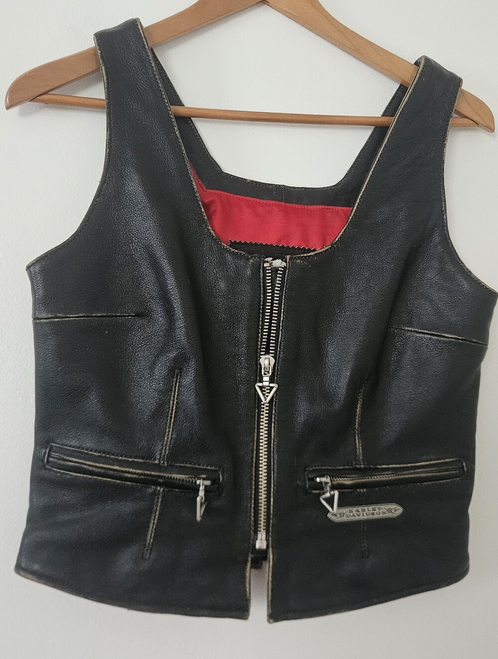 Harley-Davidson Black Leather Vest with Red Lining Accent